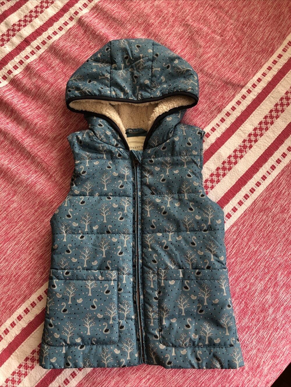 COPPER KEY Swan Duck Print Puffer Vest Hood Girls 7/8 Blue Full Zip Pockets